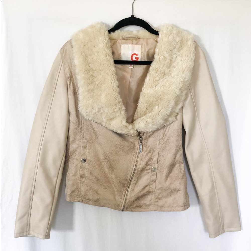 Guess Cream Faux Leather and Fur Jacket